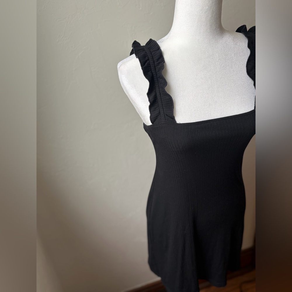 Wild Honey Black Ribbed Square Neck Ruffle Strap Mini Dress S - Picture 4 of 10
